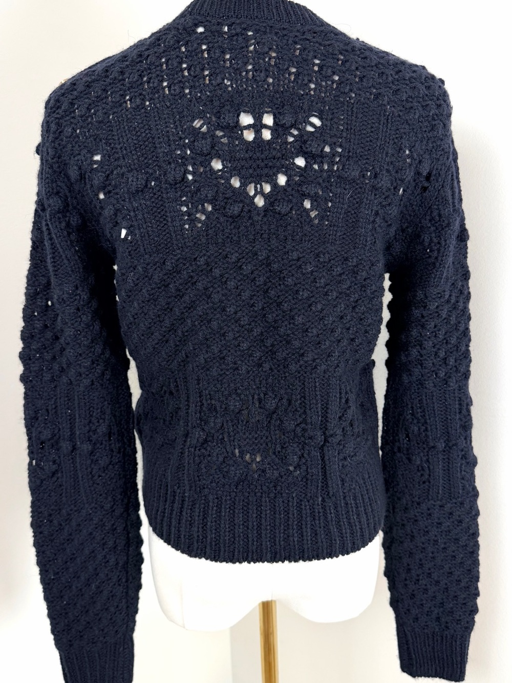 Frame Navy Alpaca Wool Cable-Knit Sweater Gold Button Detail Small NWT $398 MSRP - Picture 6 of 14